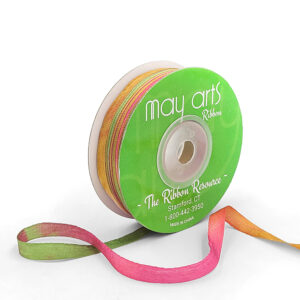 1/4 Inch 100% Hand-Dyed Variegated (multi-color) Silk Ribbon with Woven Edge - SKM-4-22 Fuchsia/green