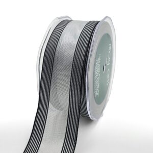 1.5 Inch Sheer Metallic Stripes Wired Ribbon - 733-15-10 SILVER/BLACK
