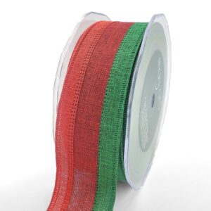 1.5 Inch Wired Tri-Color Faux Linen Ribbon - 735-15-14 TRUE RED/DARK RED/GREEN