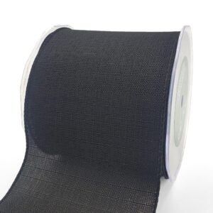 4 Inch Faux Linen Woven Wired Edge Ribbon - 736-4-10 BLACK