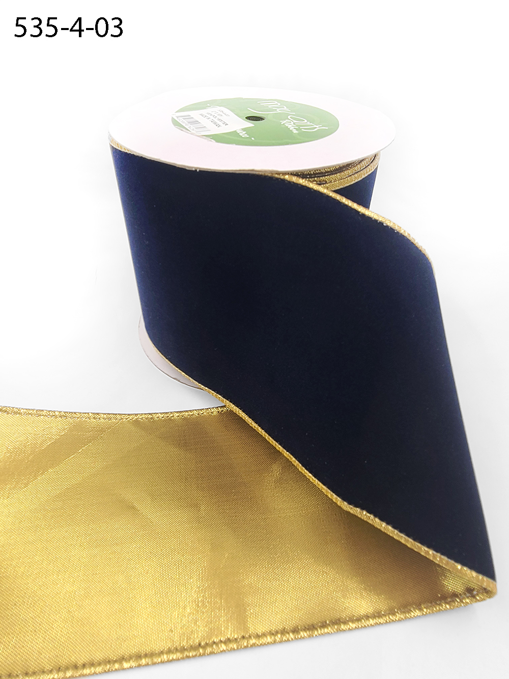May Arts Green 4 inch Velvet Ribbon with Gold Backing, 10 yd