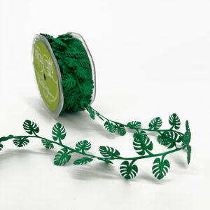 3/4 Inch Original Satin Cut Out Banner Ribbon with Cut Sealed Edge - EX06 GREEN TROPICAL LEAF