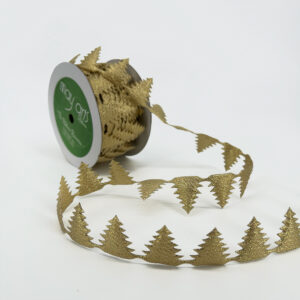 3/4 Inch Original Satin Cut Out Banner Ribbon with Cut Sealed Edge - EX30 GOLD XMAS TREES