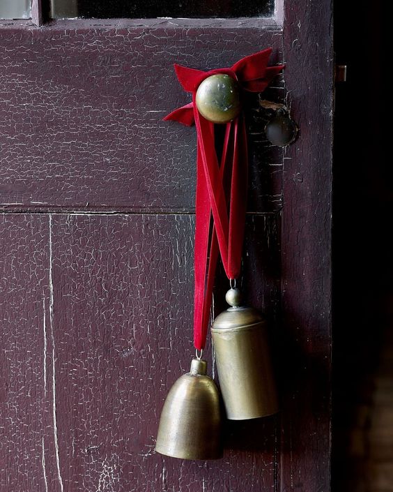 Red Velvet Ribbon with Antique Brass Bell for Holiday Christmas decorating May Arts Ribbon