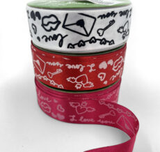 My Valentine in red with red hearts printed on 5/8 white single face satin  ribbon, 10 yards