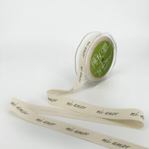 3/4 Inch Ivory Canvas Printed Ribbon with Woven Edge - 413-34-38 "MI AMOR"