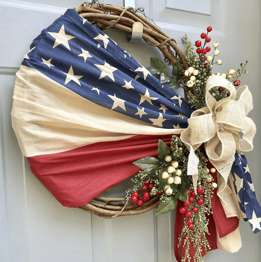 American Flag wreath with burlap ribbon bow