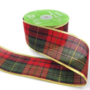 2.5 Inch Christmas Tartan Plaid Ribbon with Metallic Wired Edge - 754-25-30 RED/GREEN/BLACK/GOLD