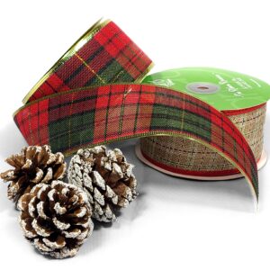 2.5 Inch Christmas Tartan Plaid Ribbon with Metallic Wired Edge