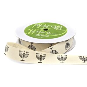 3/4 Inch Ivory Canvas Printed Ribbon with Woven Edge - 413-34-46 MENORAH/STAR OF DAVID