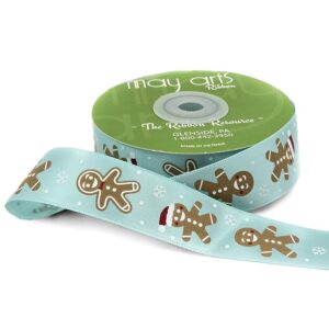 1 Inch Satin Gingerbread Man Print Ribbon - 759-1-94 ROBIN'S EGG BLUE