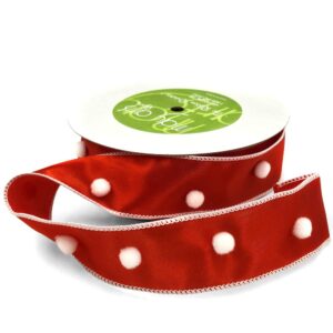 1.5 Inch Christmas Satin Pom Pom Center Ribbon with Wired Edge - 765-15-14 RED/WHITE