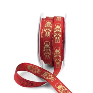 5/8 Inch Taffeta Gold Print Nutcracker Ribbon with Woven Edge - 767-58-14 RED