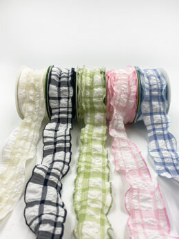 Ruffled Seersucker Tartan Plaid Ribbon with Woven Edge