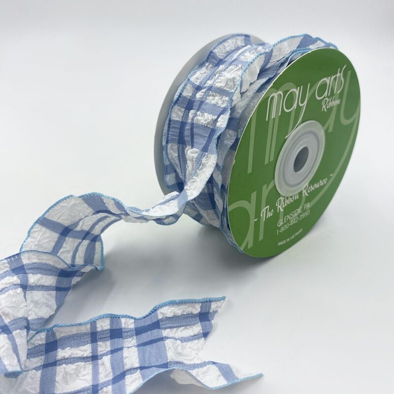 Ruffled Seersucker Tartan Plaid Ribbon with Woven Edge - 774-15-34 BLUE