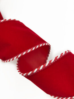 2.5 Inch Red Velvet Ribbon with Glitter and Red/White Ticking Wired Edge