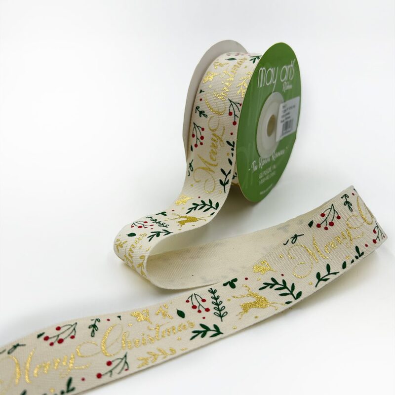 1 Inch Merry Christmas Print Ribbon with Cut Edge - 781-1-01 WHITE/GOLD