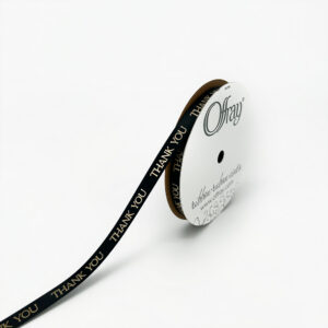 3/8 inch Thank You Print Satin Ribbon - 3752-38-1014 Black with Gold text